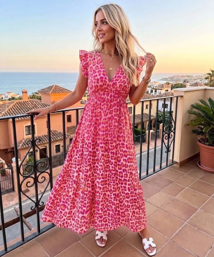 Cream Leopard Print Frill Sleeve Maxi Dress