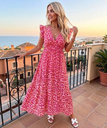 Cream Leopard Print Frill Sleeve Maxi Dress