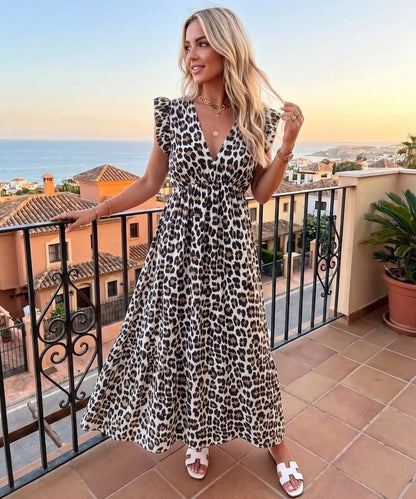 Cream Leopard Print Frill Sleeve Maxi Dress