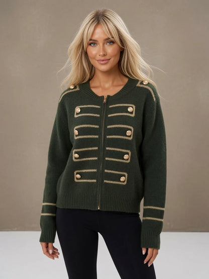 Chocolate Military Zip Front Knitted Cardi