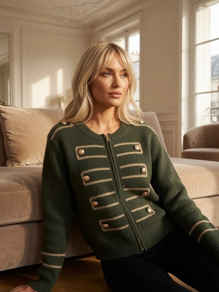 Chocolate Military Zip Front Knitted Cardi