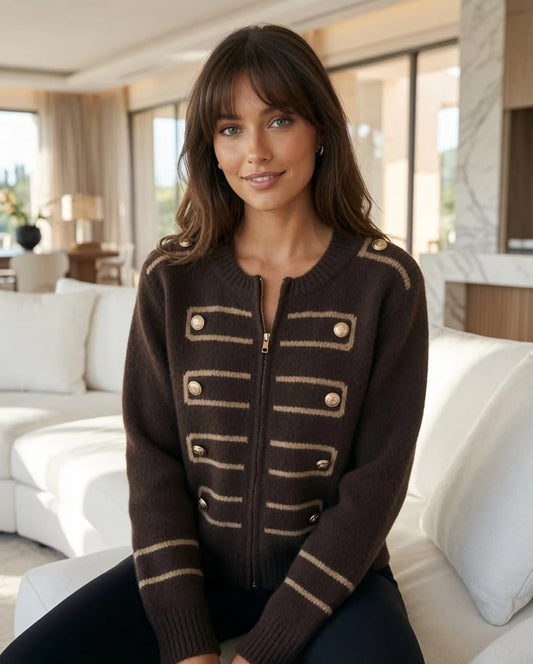 Chocolate Military Zip Front Knitted Cardi