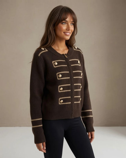 Chocolate Military Zip Front Knitted Cardi