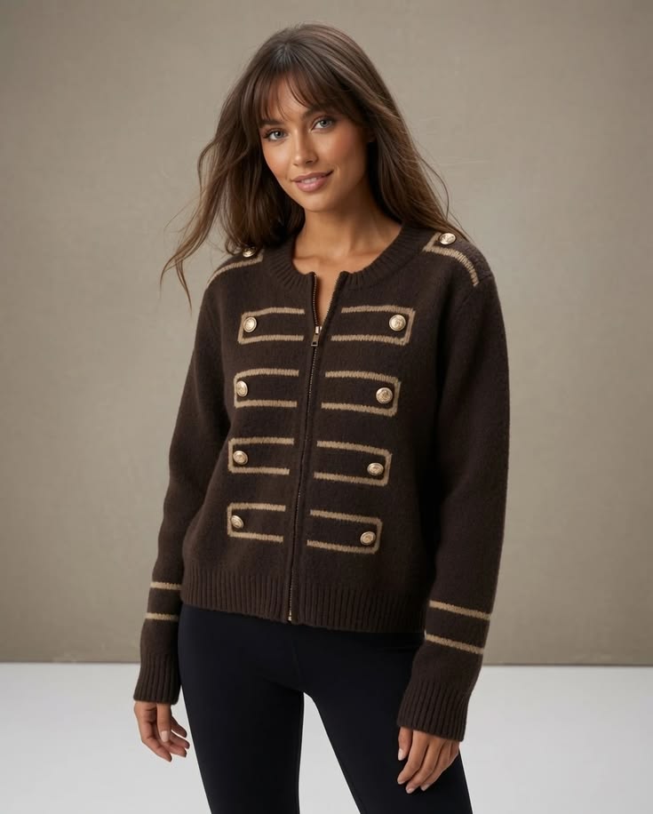 Chocolate Military Zip Front Knitted Cardi