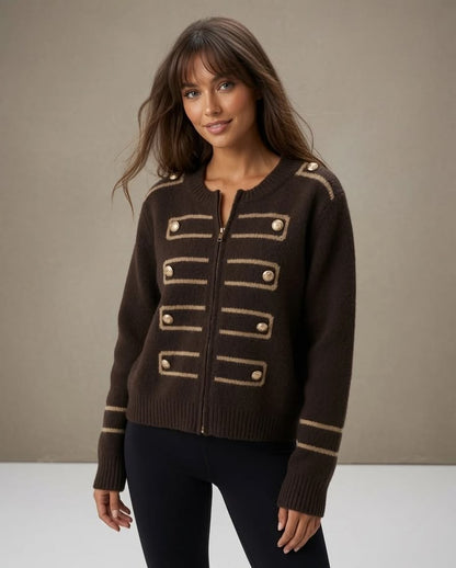 Chocolate Military Zip Front Knitted Cardi
