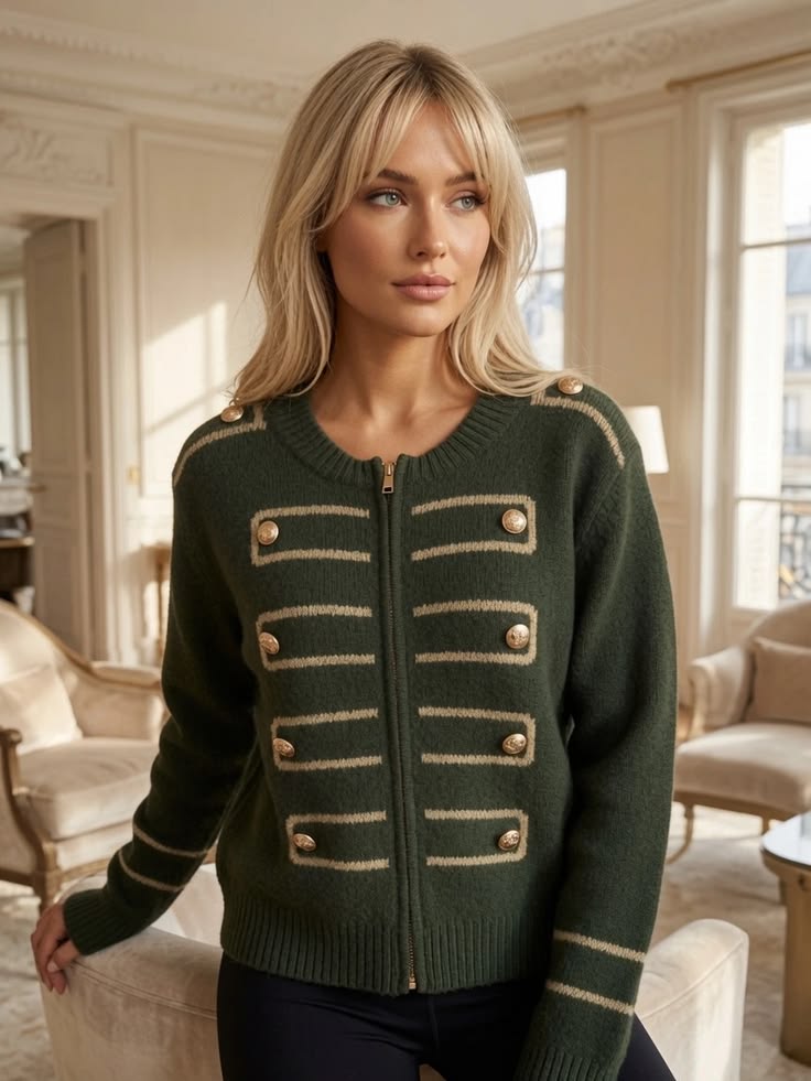 Chocolate Military Zip Front Knitted Cardi