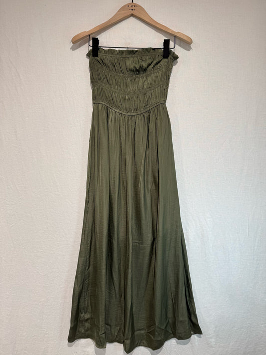 Khaki Strapless Shirred Dress