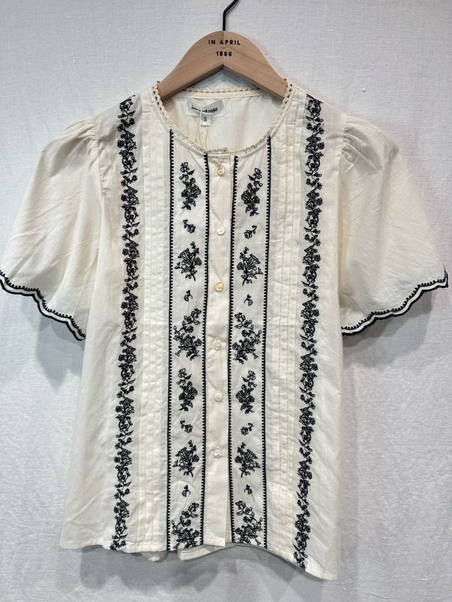Cream Embroidered Puff Sleeve Blouse