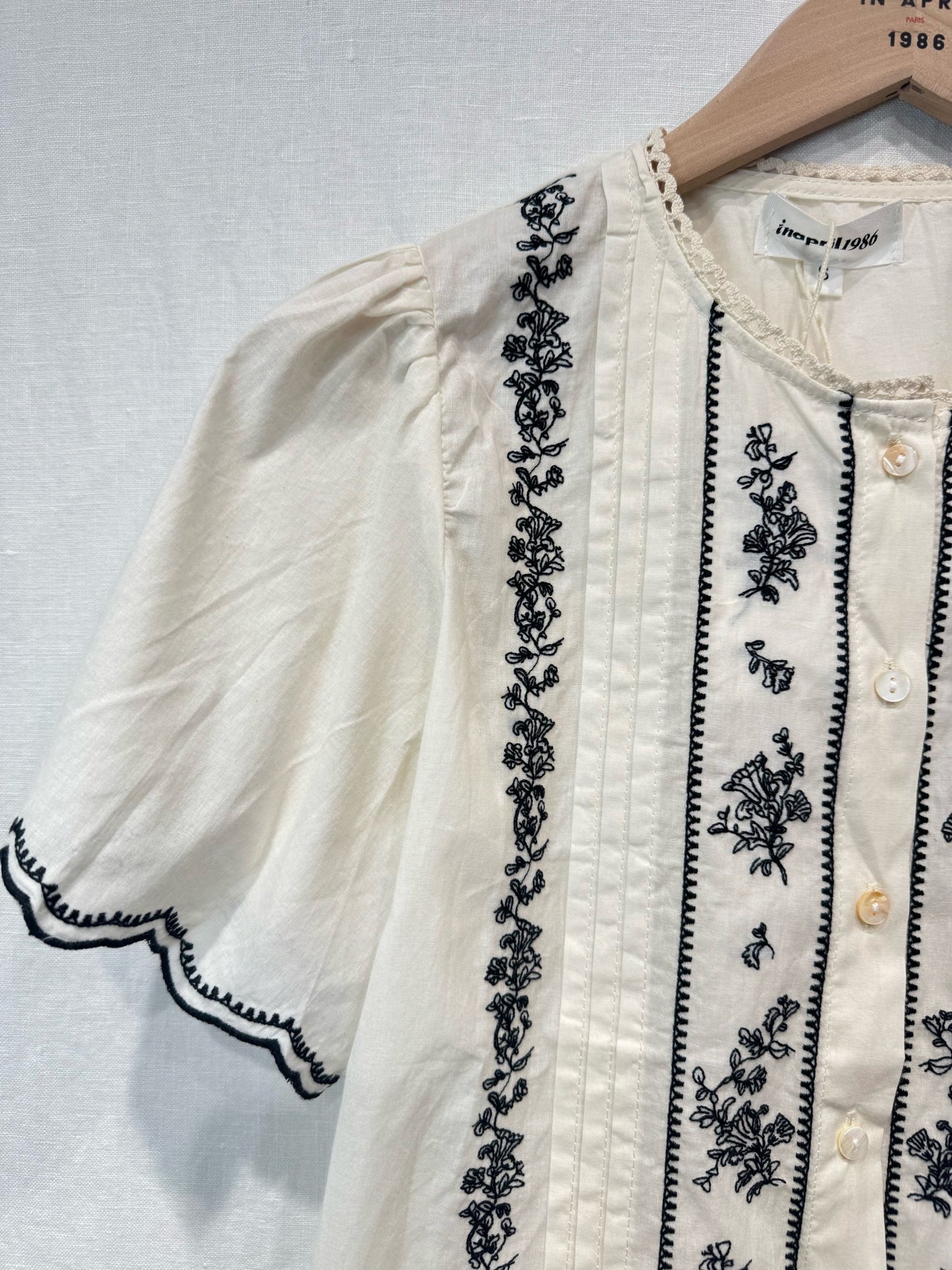 Cream Embroidered Puff Sleeve Blouse
