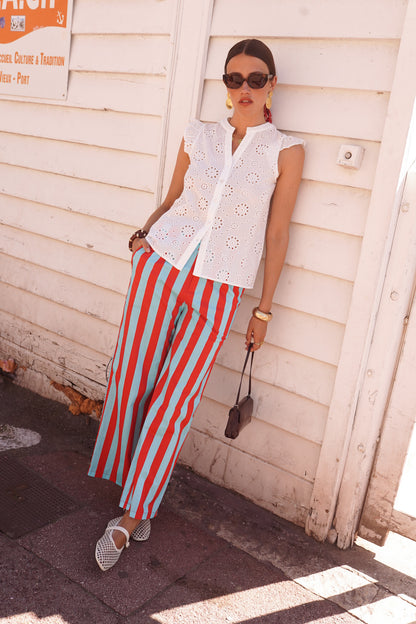 Red/Turquoise Blue Stripe Trousers