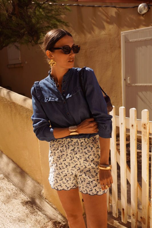 Navy Floral Scalloped Edge Shorts