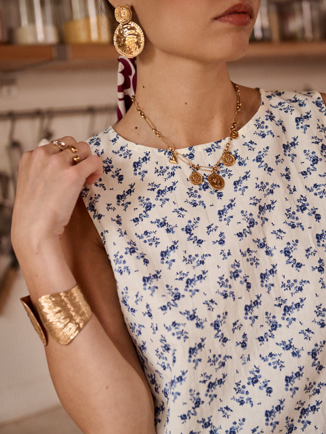 Navy Floral Scallop Edge Top