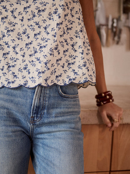 Navy Floral Scallop Edge Top