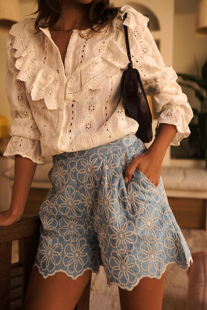 Boho Flower Embroidered Scallop Shorts -PRE ORDER