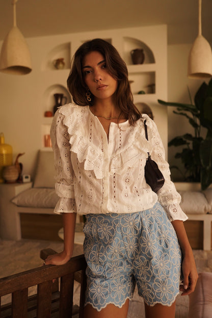 Boho Flower Embroidered Scallop Shorts -PRE ORDER
