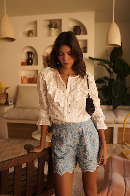 Boho Flower Embroidered Scallop Shorts -PRE ORDER