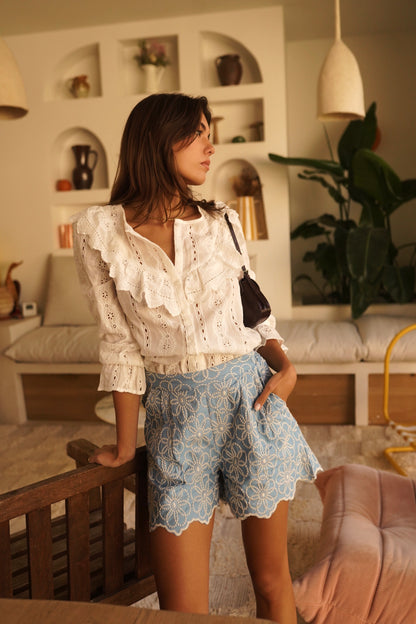 Boho Flower Embroidered Scallop Shorts -PRE ORDER
