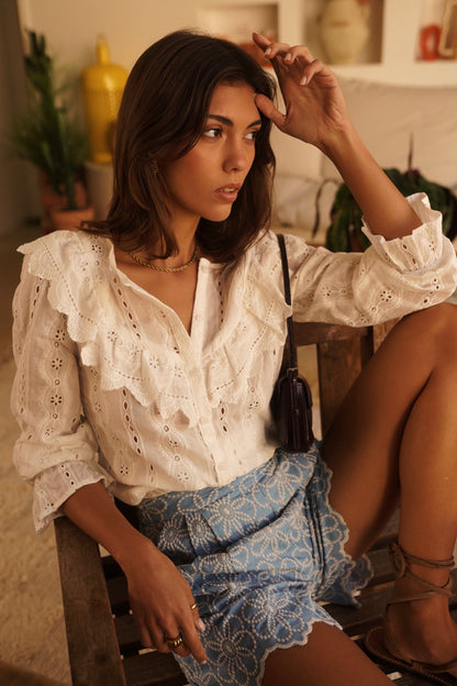 Boho Flower Embroidered Scallop Shorts -PRE ORDER