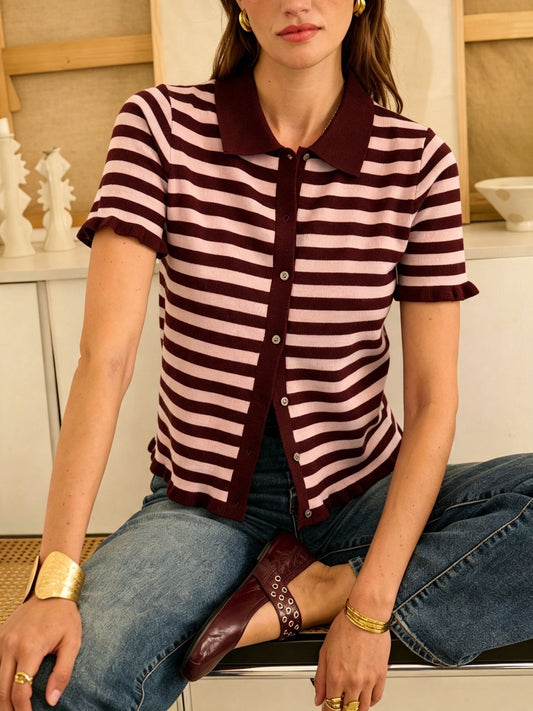 Pink/Burgundy Stripe S/S Cardigan