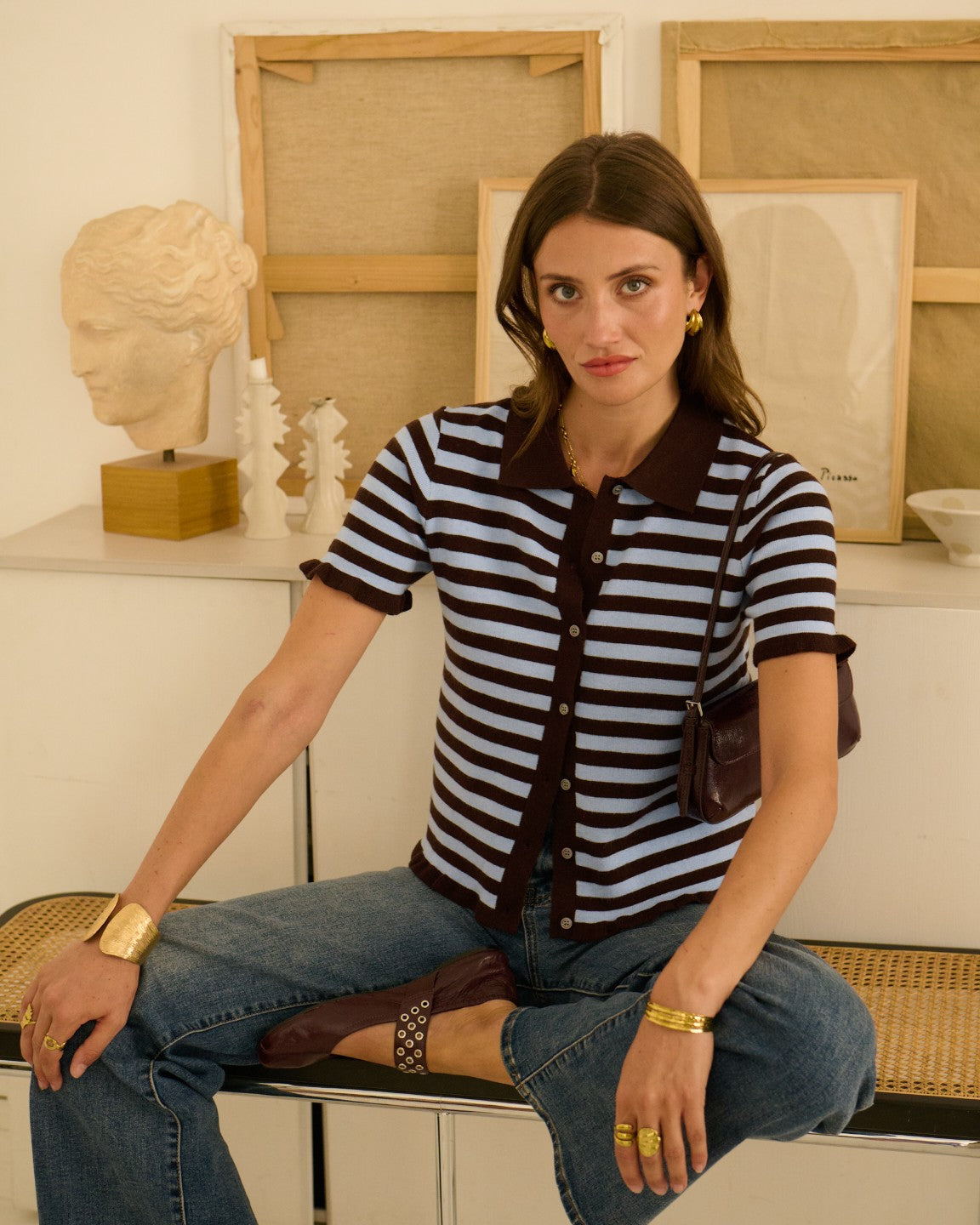 Pink/Red Stripe Knit Polo S/S Cardigan
