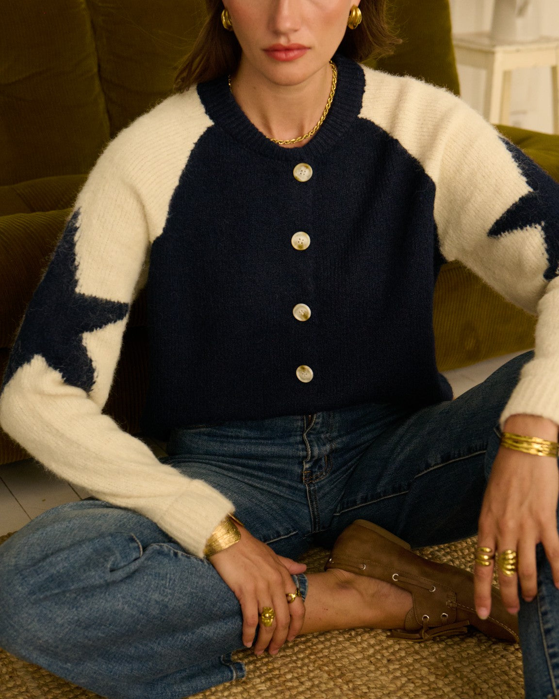 Navy/Cream Star Sleeve Cardigan