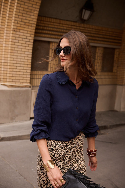 Navy Lace Trim Cotton Blouse