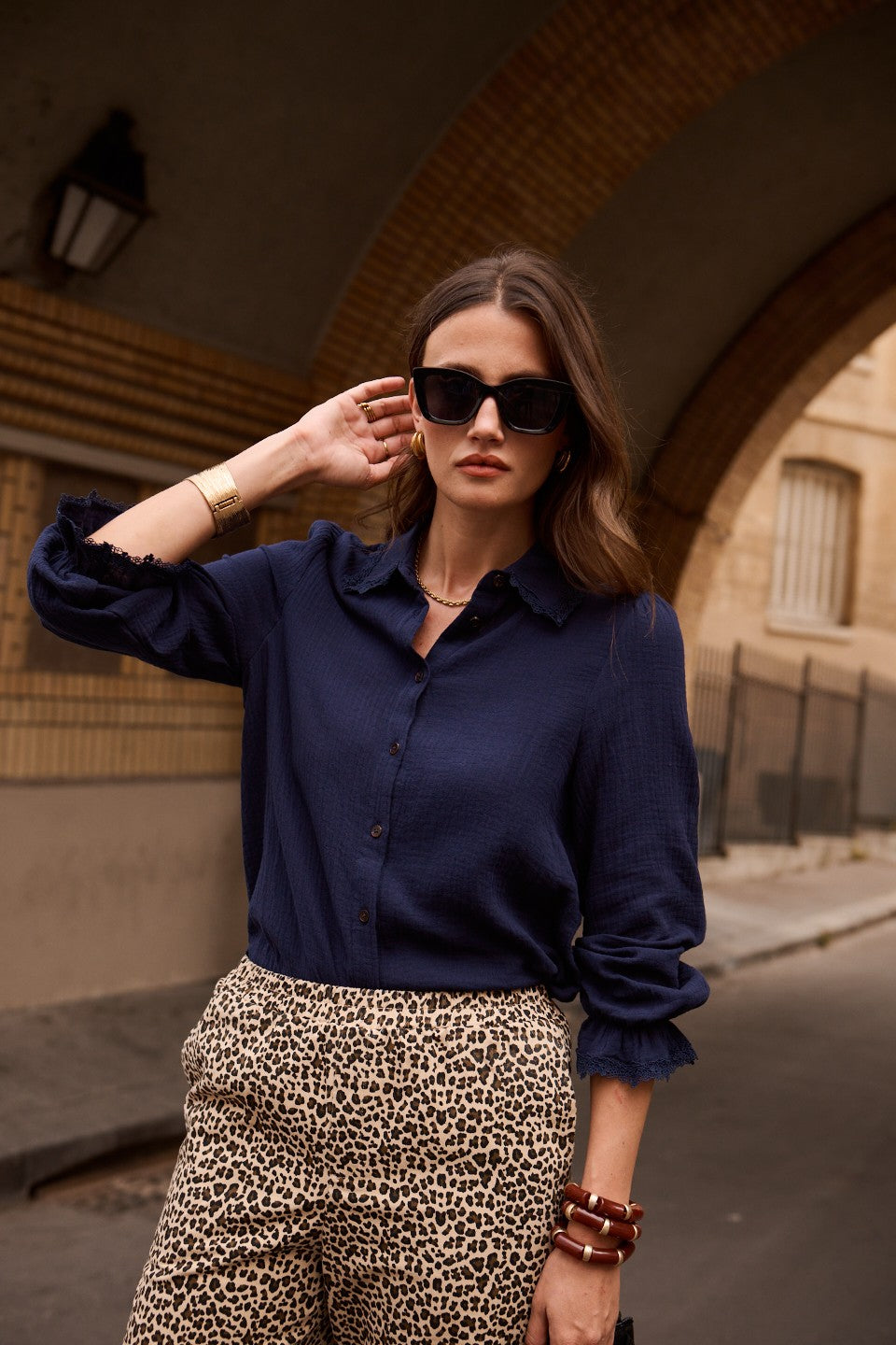 Chocolate Lace Trim Cotton Blouse