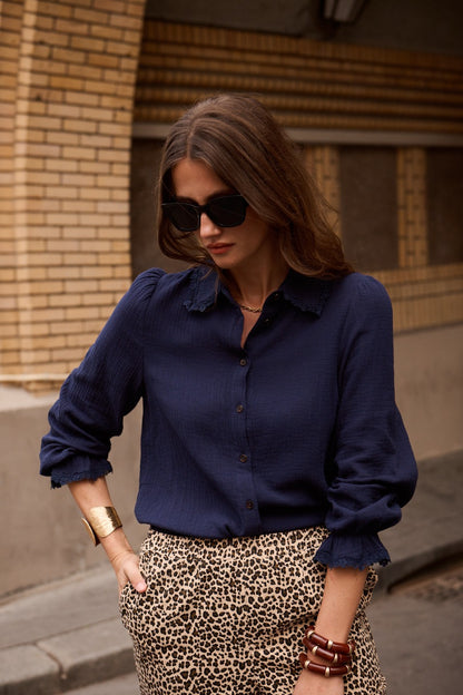 Chocolate Lace Trim Cotton Blouse