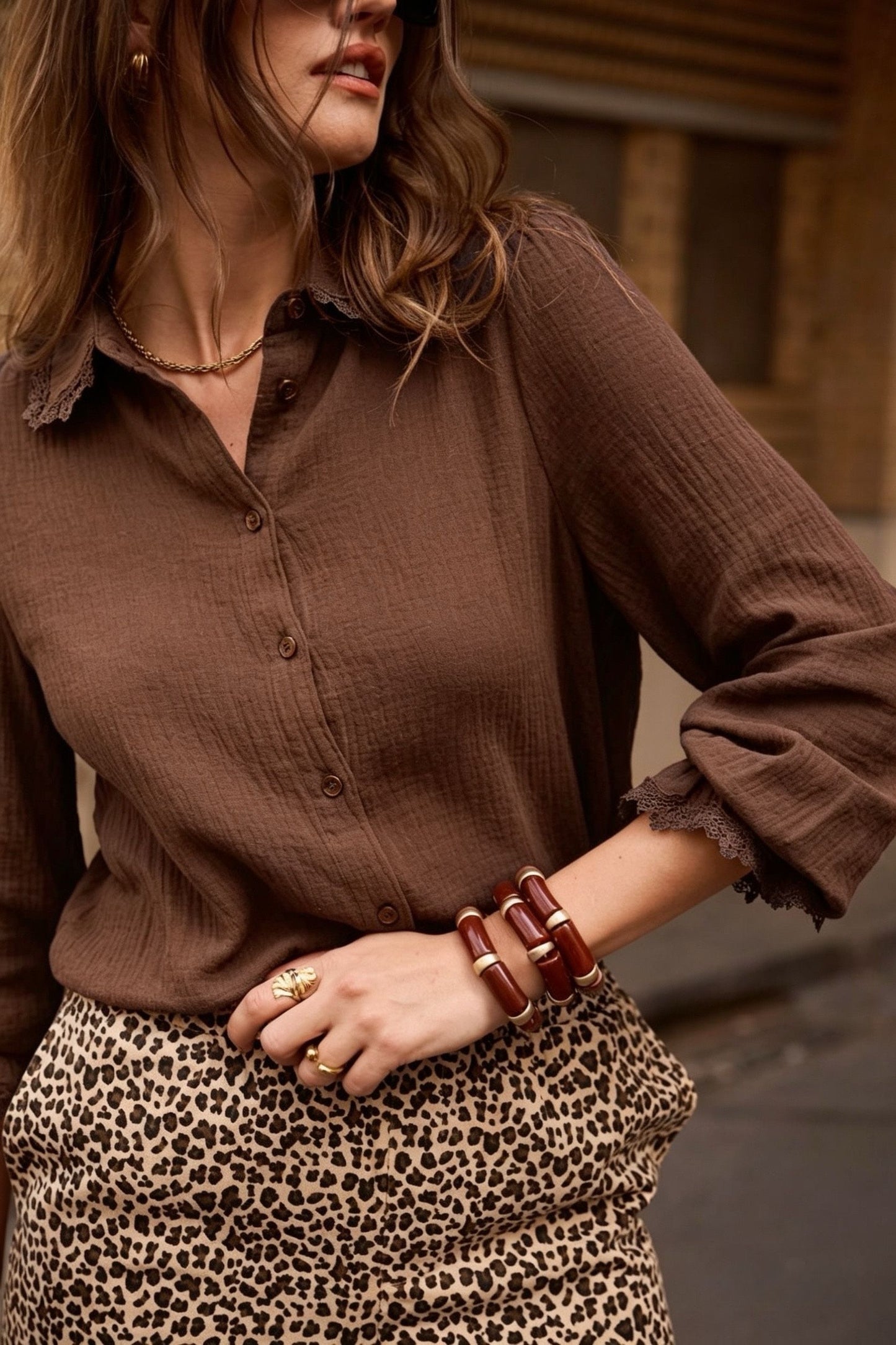 Chocolate Lace Trim Cotton Blouse