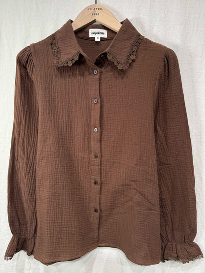 Chocolate Lace Trim Cotton Blouse