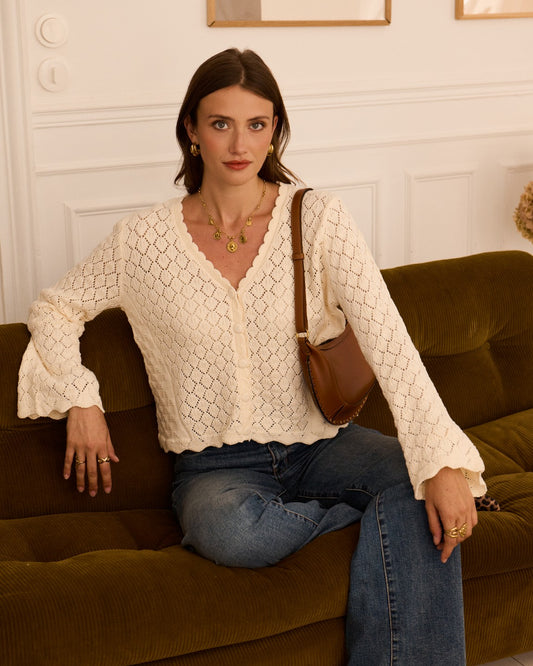 Cream Pointelle Knit Cardigan