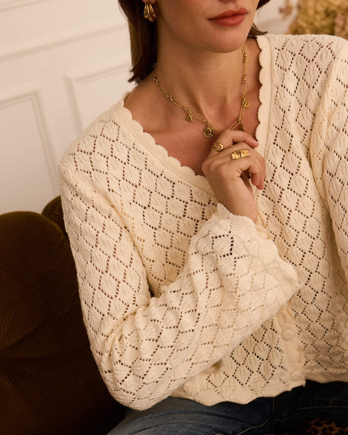 Cream Pointelle Knit Cardigan