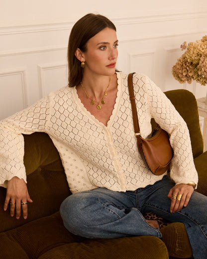 Cream Pointelle Knit Cardigan