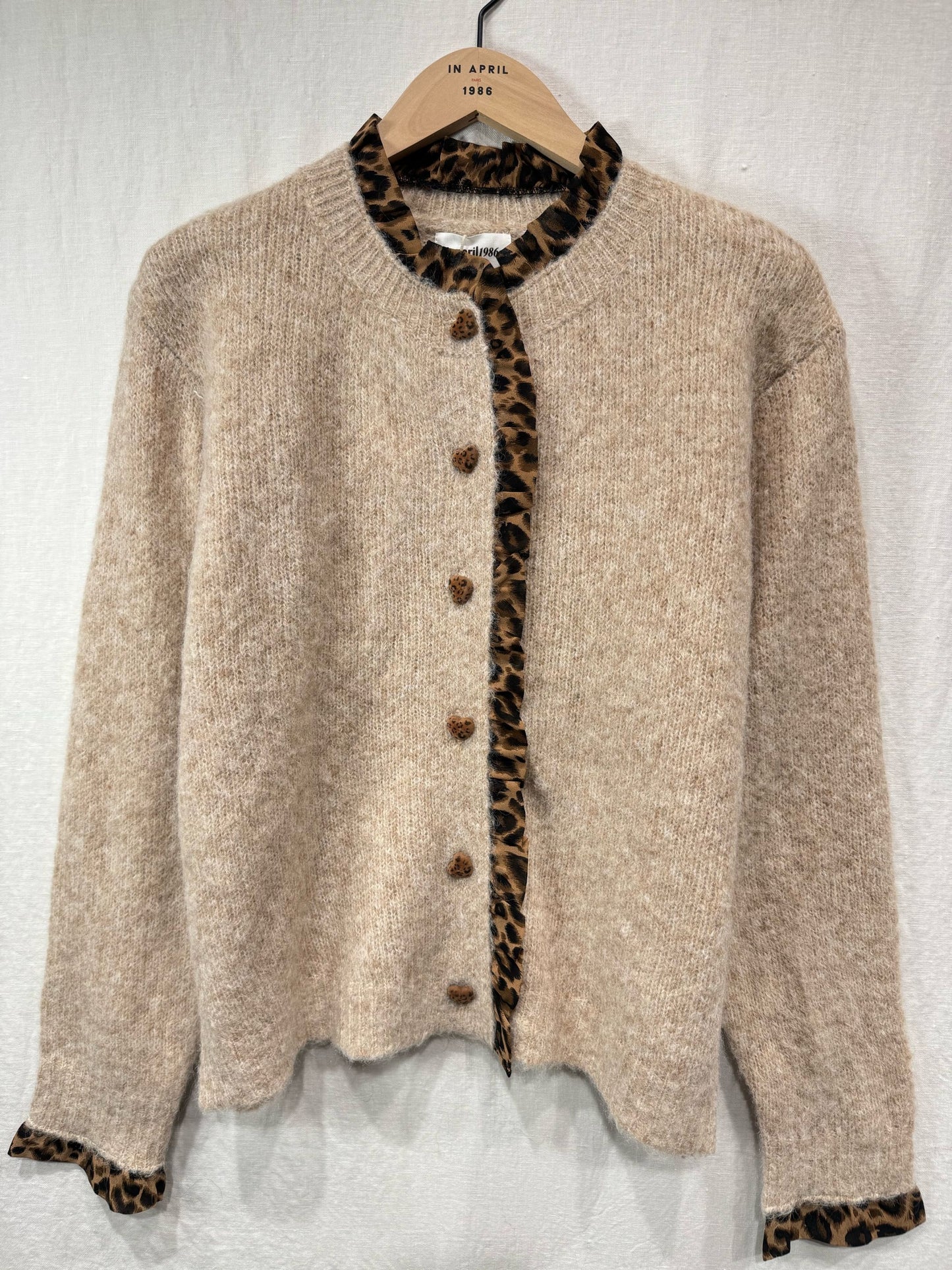 Oatmeal Leopard Trim Crew Neck Cardigan