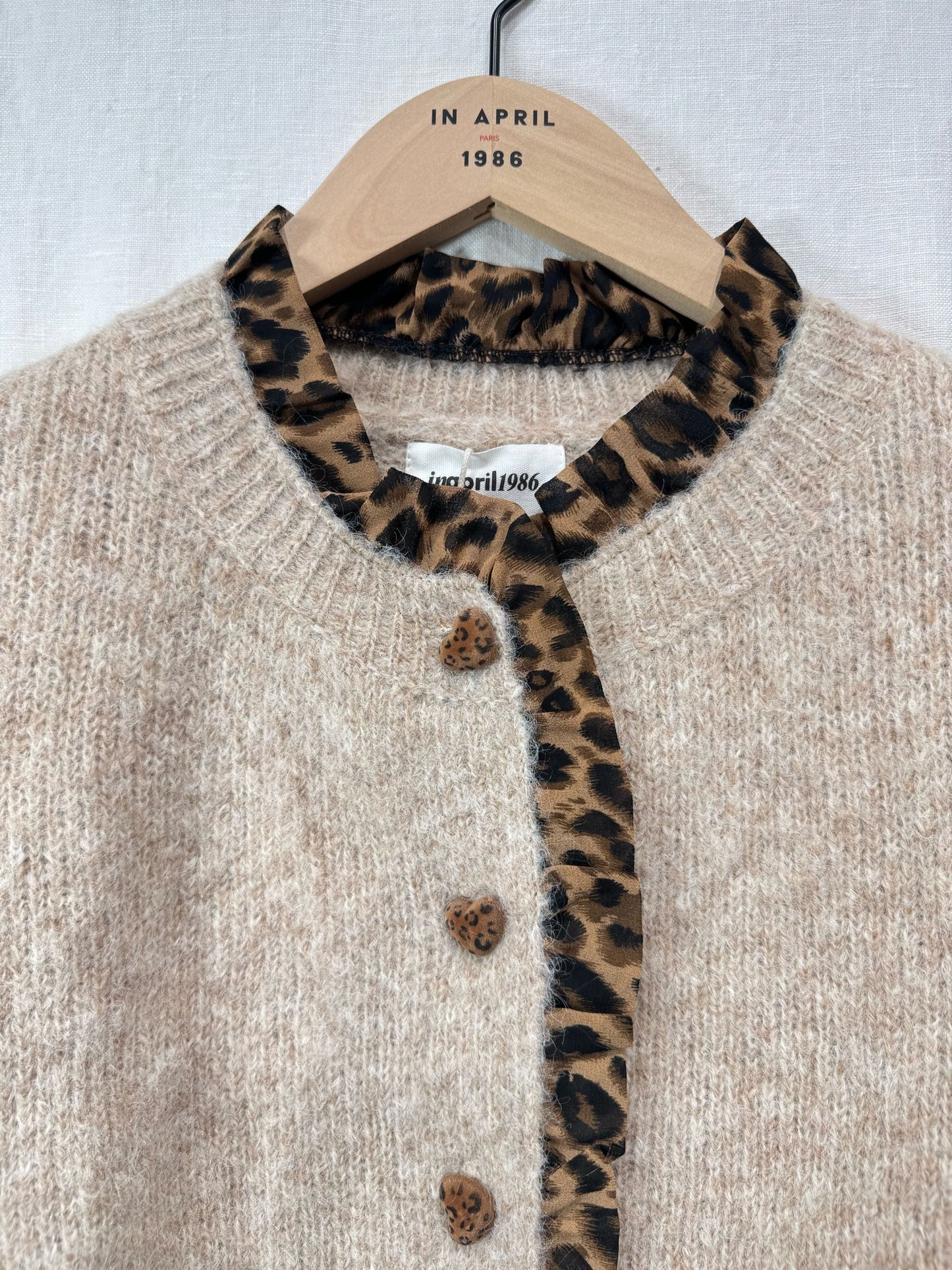 Oatmeal Leopard Trim Crew Neck Cardigan