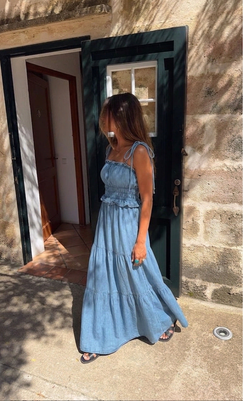 Blue Denim Tie Strap Shirred Dress