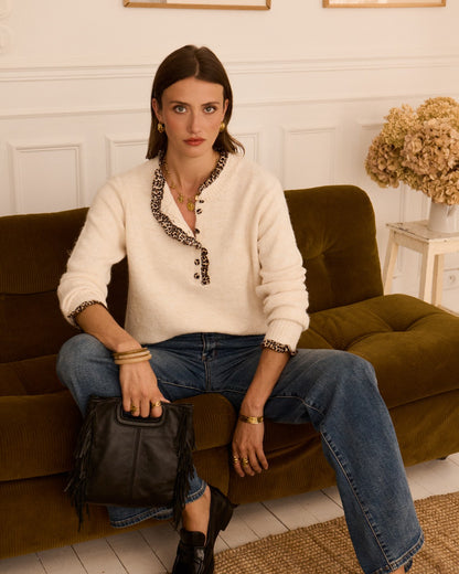 Light Oatmeal Leopard Trim Crew Neck Jumper