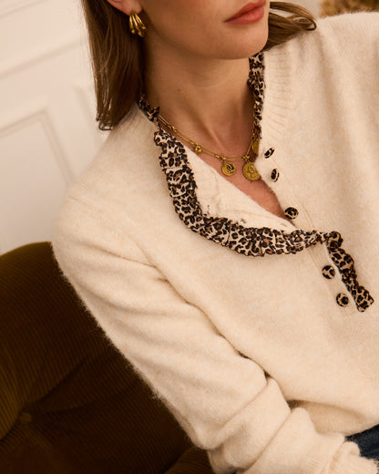 Light Oatmeal Leopard Trim Crew Neck Jumper