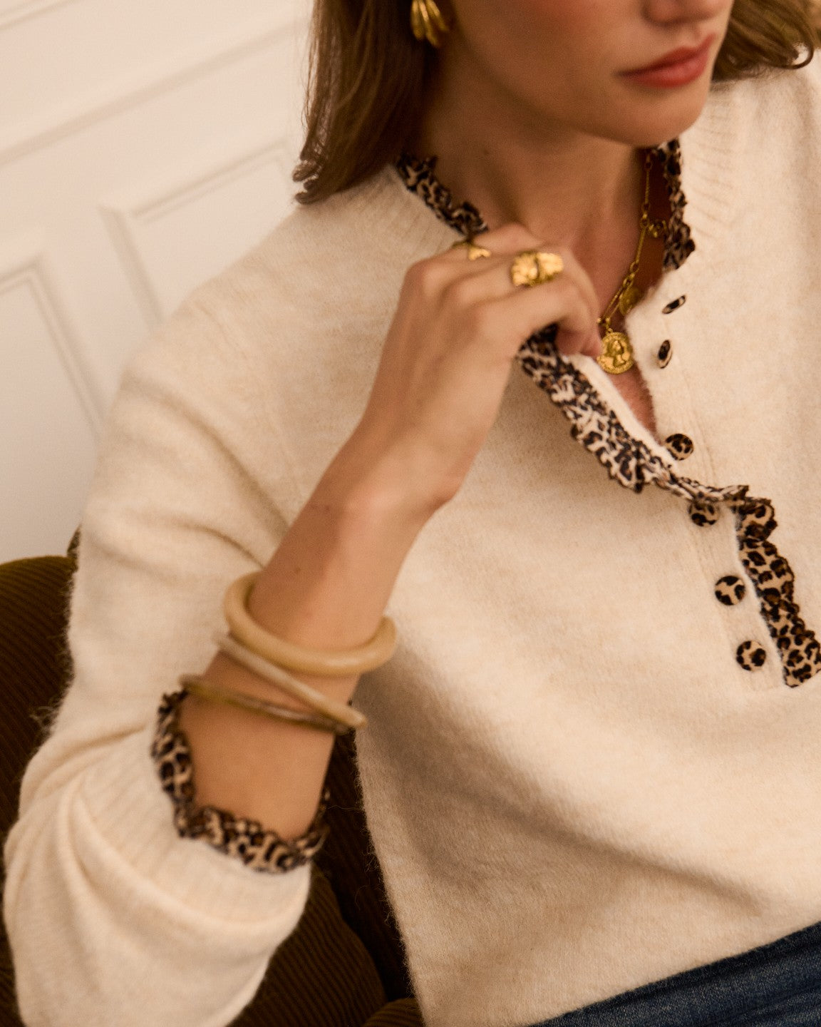 Light Oatmeal Leopard Trim Crew Neck Jumper