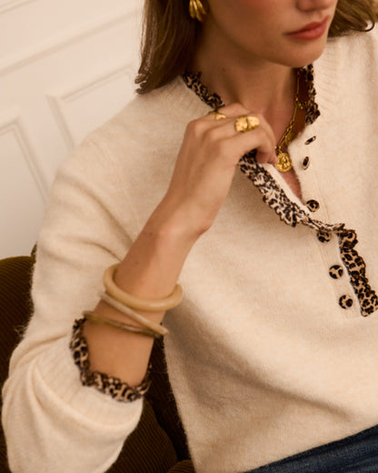 Light Oatmeal Leopard Trim Crew Neck Jumper