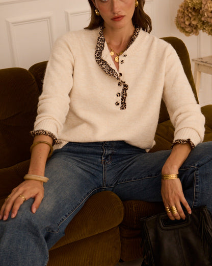 Light Oatmeal Leopard Trim Crew Neck Jumper
