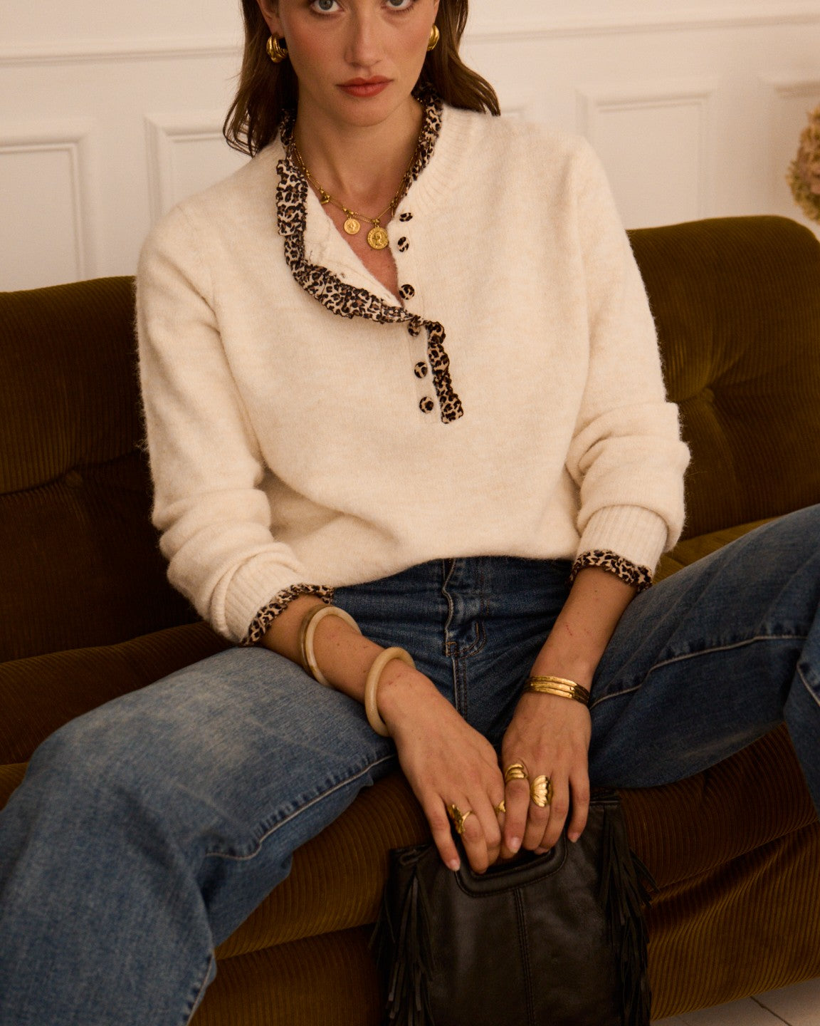 Light Oatmeal Leopard Trim Crew Neck Jumper