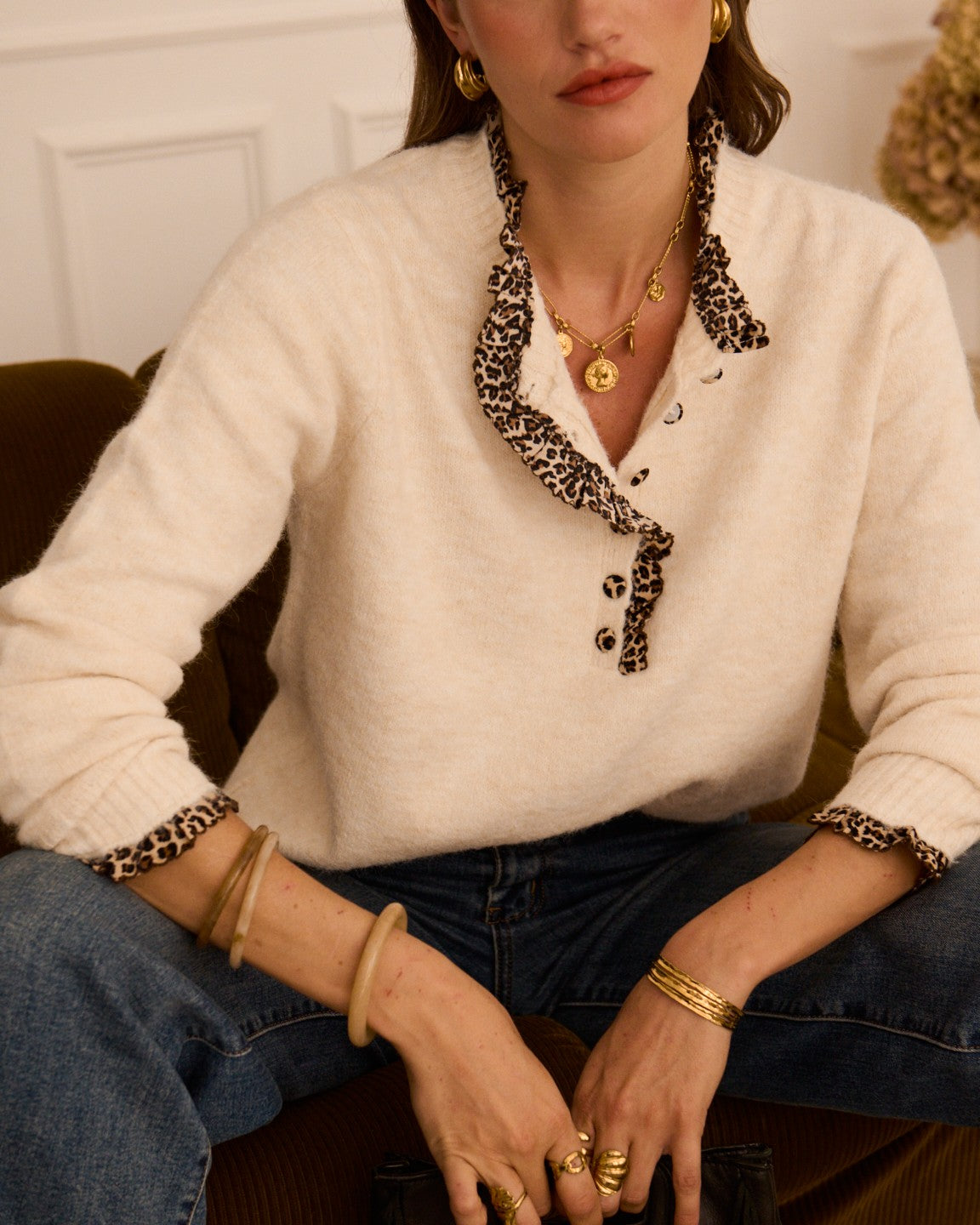 Light Oatmeal Leopard Trim Crew Neck Jumper