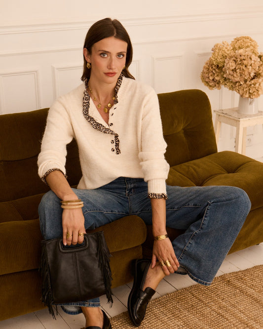 Light Oatmeal Leopard Trim Crew Neck Jumper