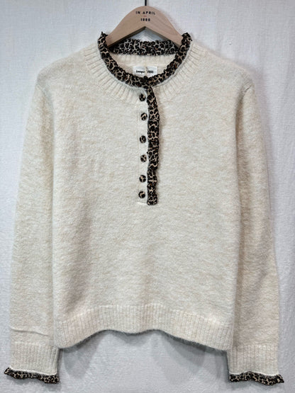 Light Oatmeal Leopard Trim Crew Neck Jumper