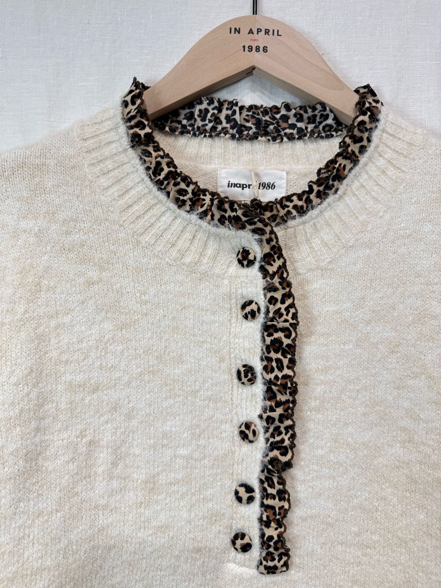 Light Oatmeal Leopard Trim Crew Neck Jumper