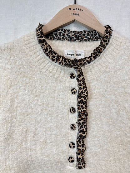 Light Oatmeal Leopard Trim Crew Neck Jumper