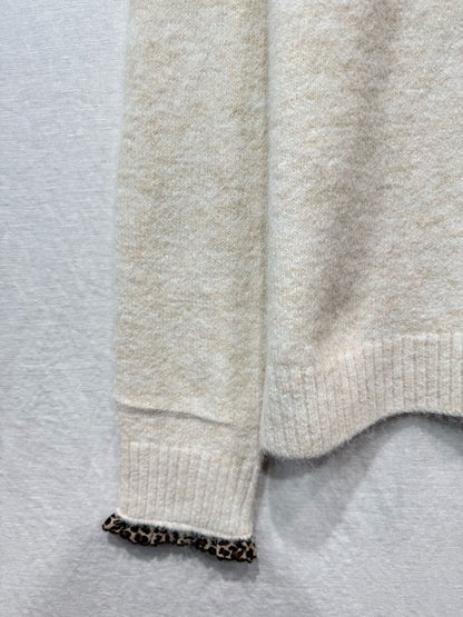 Light Oatmeal Leopard Trim Crew Neck Jumper