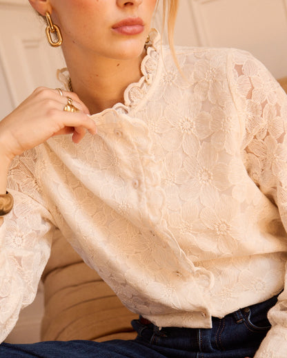 Cream Floral Lace Frill Trim Blouse