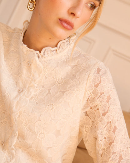 Cream Floral Lace Frill Trim Blouse